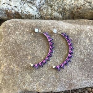 Pink and Purple Beaded Half Hoops, New, Handmade by Me